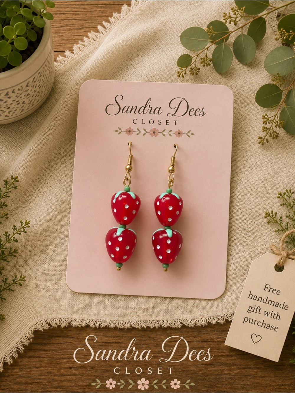 Sandra Dees Closet Red Strawberry Dangle Earrings
